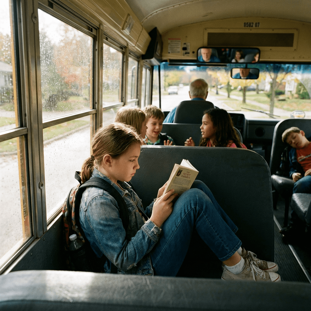 A young girl focused on reading a book while riding a school bus.